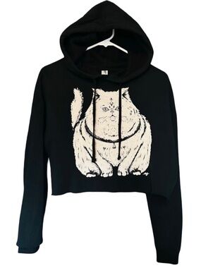 Black Cropped Hoodie with Fat White Cat Graphic